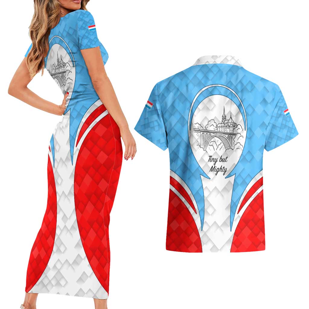 Luxembourg Couples Matching Short Sleeve Bodycon Dress and Hawaiian Shirt with National Coat of Arms and Letzebuerg Text Design