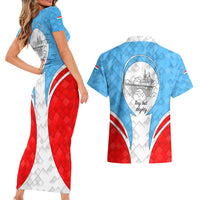 Luxembourg Couples Matching Short Sleeve Bodycon Dress and Hawaiian Shirt with National Coat of Arms and Letzebuerg Text Design