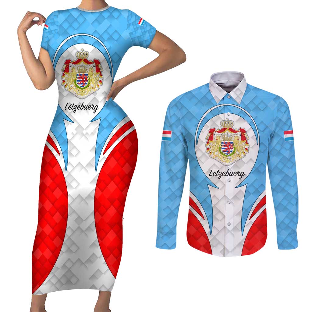 Luxembourg Couples Matching Short Sleeve Bodycon Dress and Long Sleeve Button Shirt with National Coat of Arms and Letzebuerg Text Design
