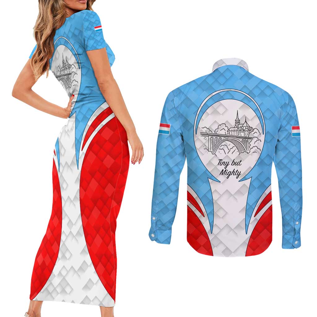 Luxembourg Couples Matching Short Sleeve Bodycon Dress and Long Sleeve Button Shirt with National Coat of Arms and Letzebuerg Text Design
