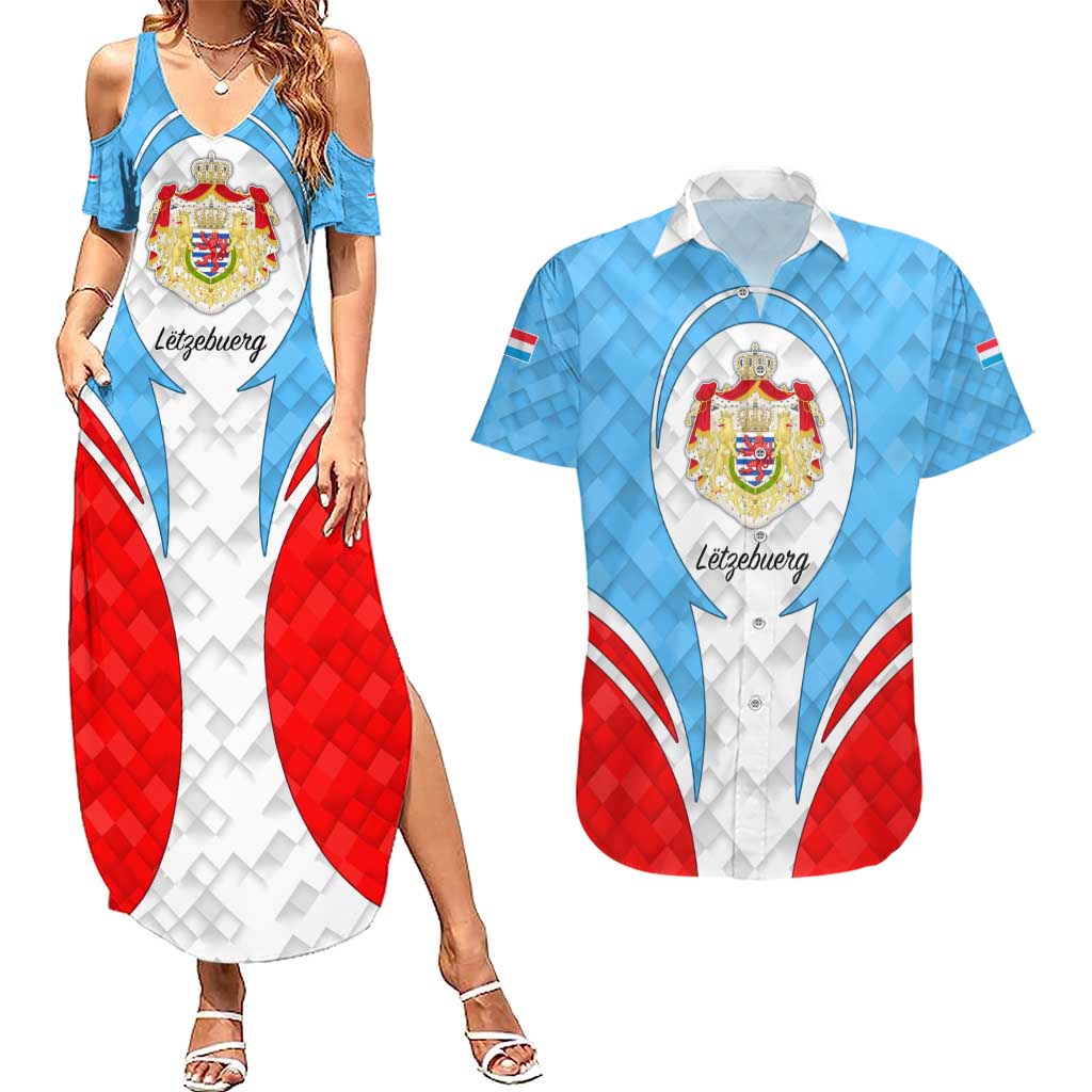Luxembourg Couples Matching Summer Maxi Dress and Hawaiian Shirt with National Coat of Arms and Letzebuerg Text Design