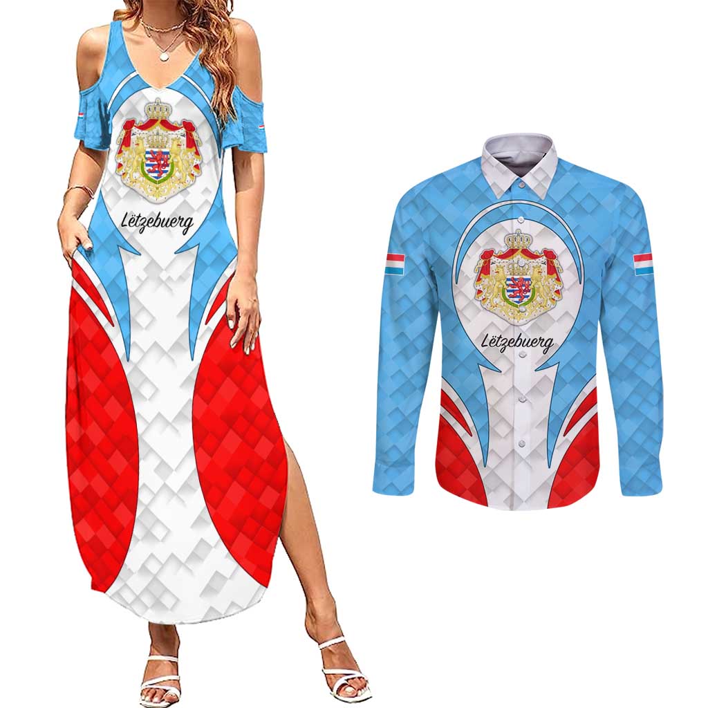 Luxembourg Couples Matching Summer Maxi Dress and Long Sleeve Button Shirt with National Coat of Arms and Letzebuerg Text Design
