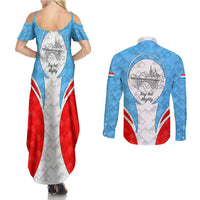 Luxembourg Couples Matching Summer Maxi Dress and Long Sleeve Button Shirt with National Coat of Arms and Letzebuerg Text Design