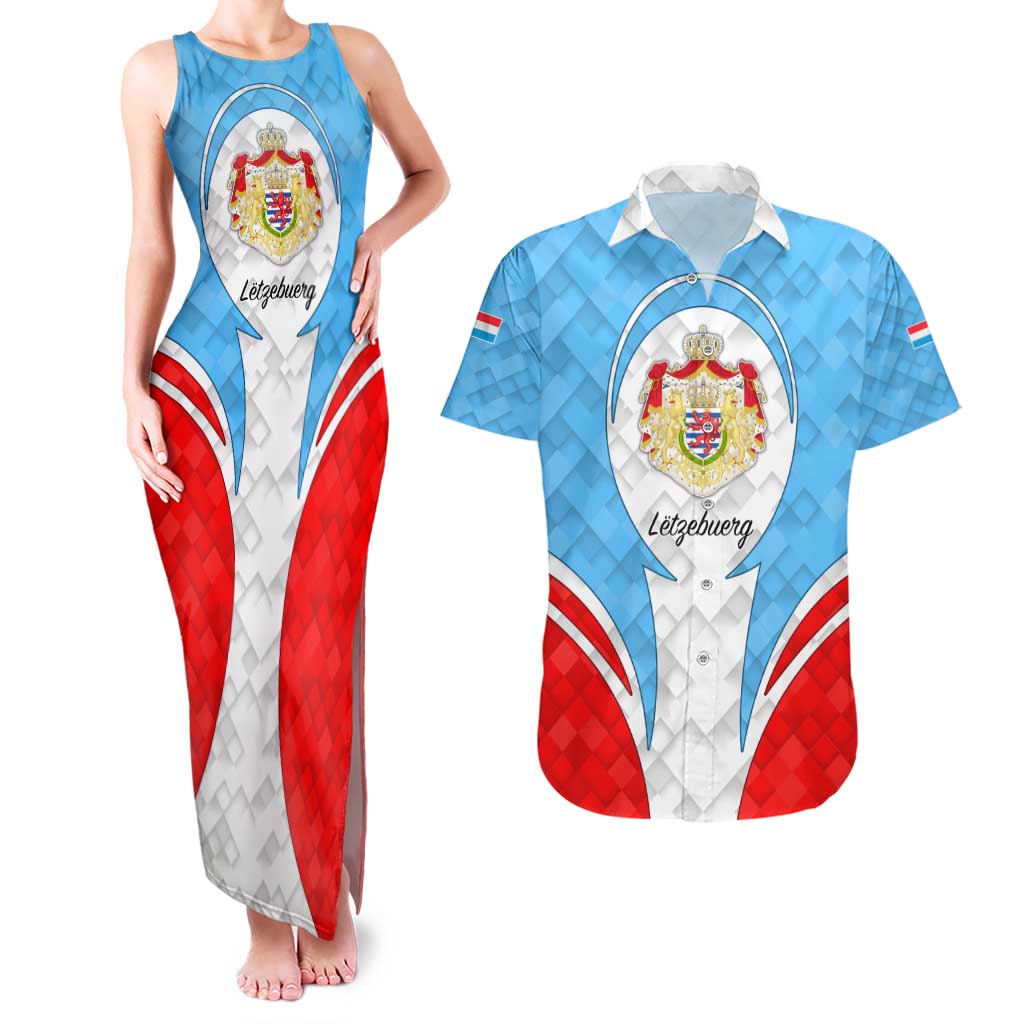 Luxembourg Couples Matching Tank Maxi Dress and Hawaiian Shirt with National Coat of Arms and Letzebuerg Text Design