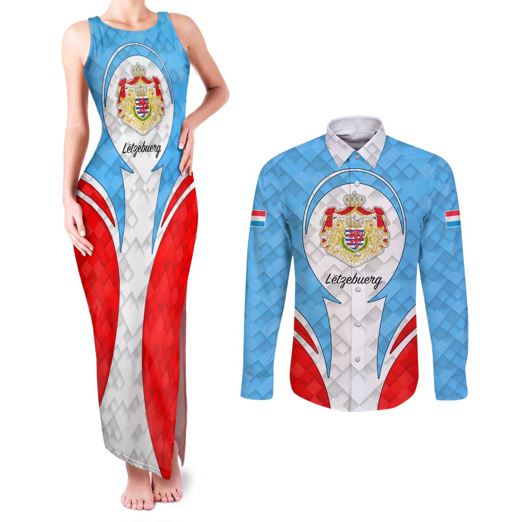 Luxembourg Couples Matching Tank Maxi Dress and Long Sleeve Button Shirt with National Coat of Arms and Letzebuerg Text Design