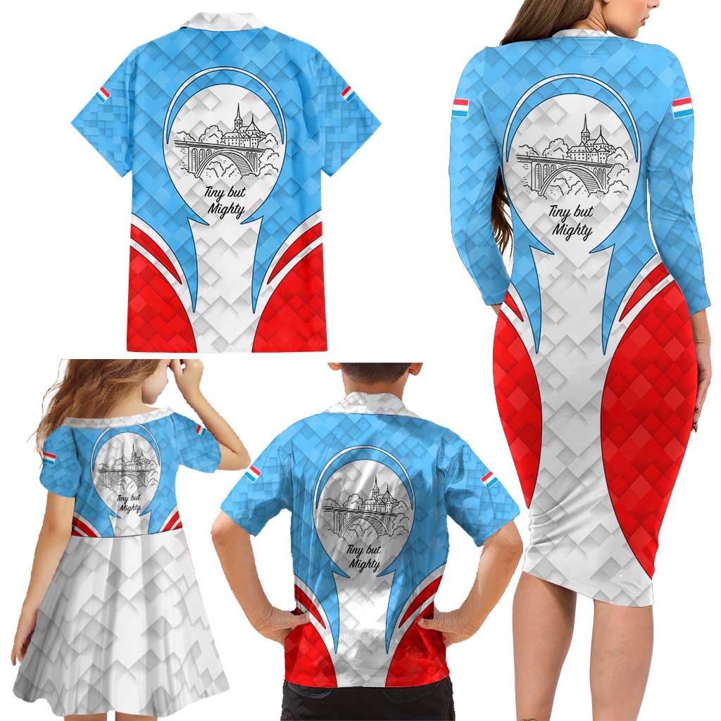 Luxembourg Family Matching Long Sleeve Bodycon Dress and Hawaiian Shirt with National Coat of Arms and Letzebuerg Text Design
