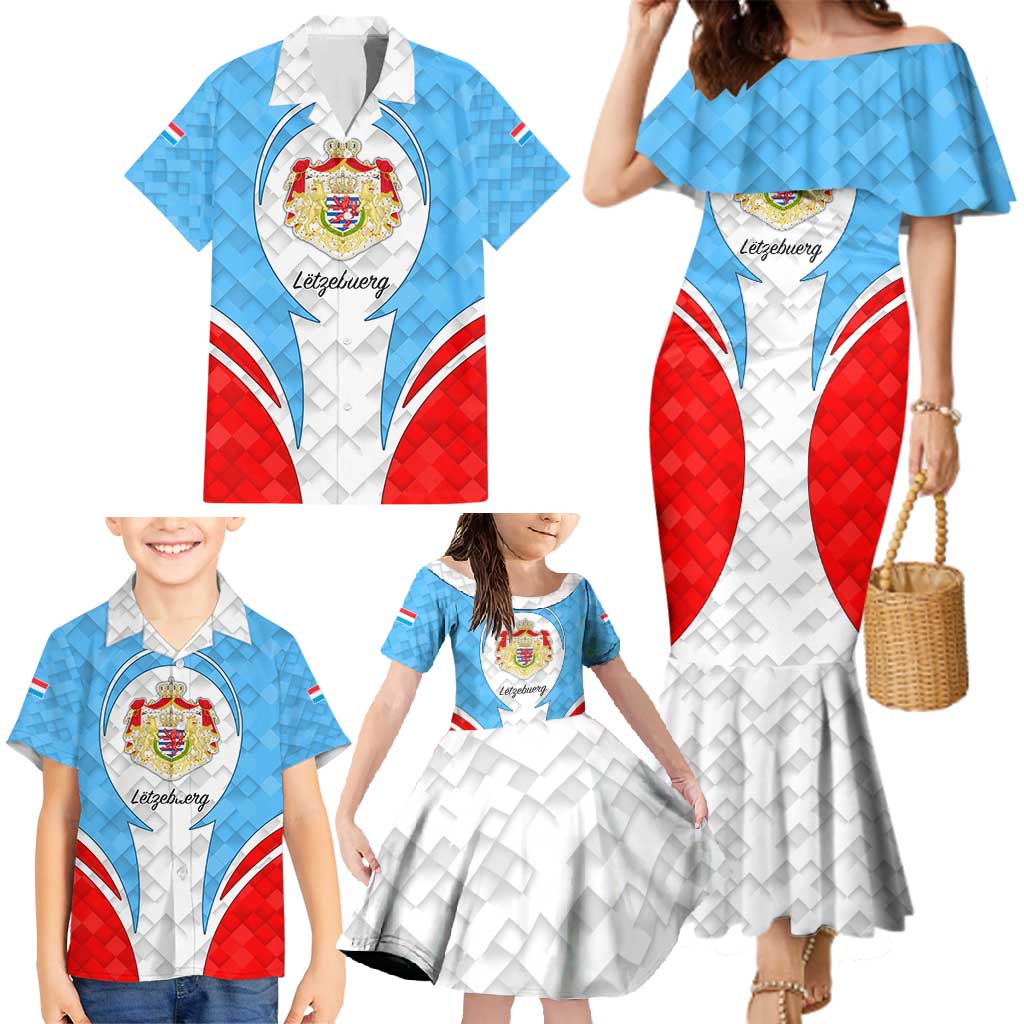 Luxembourg Family Matching Mermaid Dress and Hawaiian Shirt with National Coat of Arms and Letzebuerg Text Design
