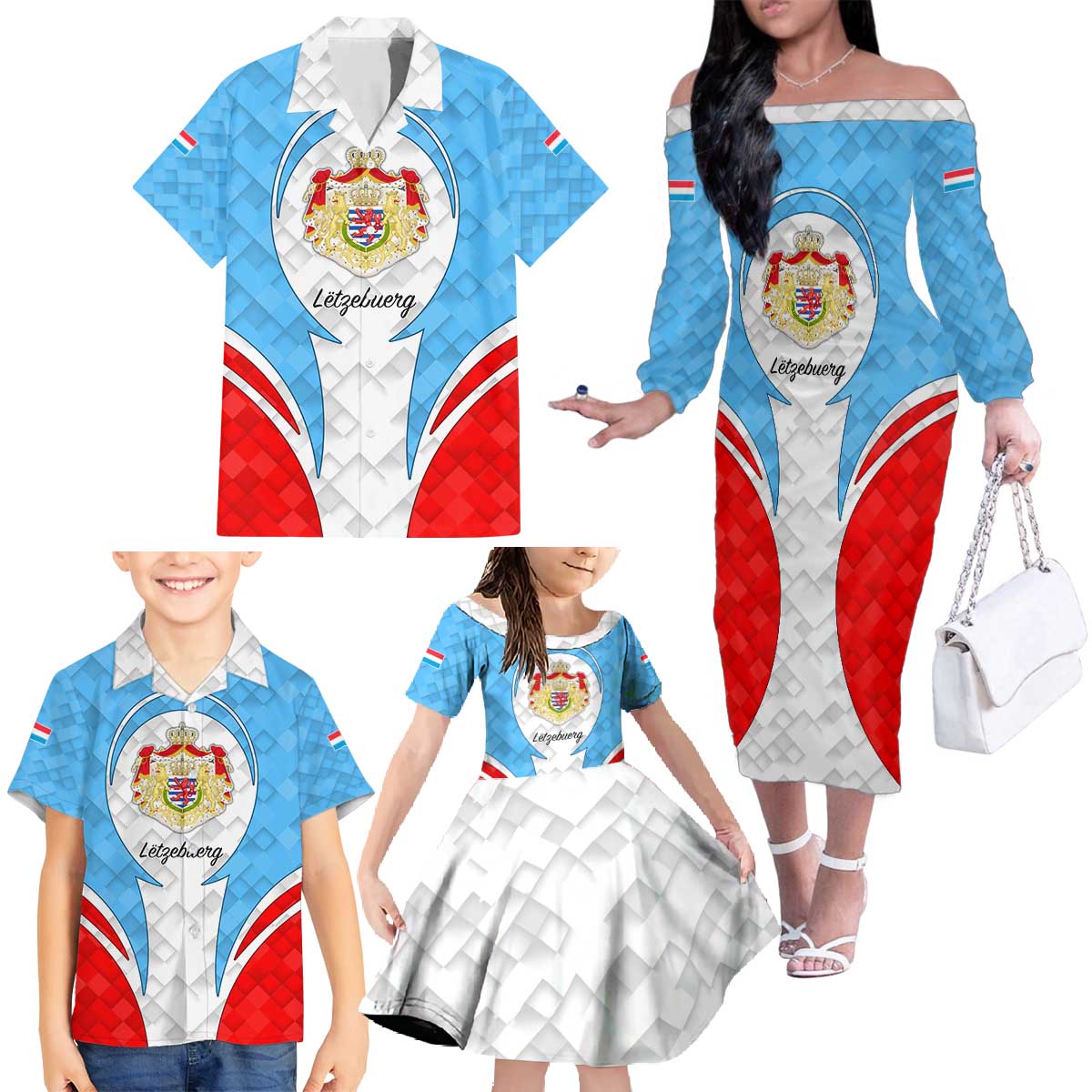 Luxembourg Family Matching Off The Shoulder Long Sleeve Dress and Hawaiian Shirt with National Coat of Arms and Letzebuerg Text Design