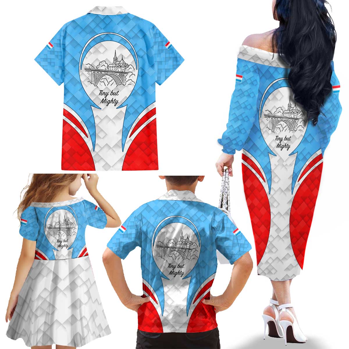 Luxembourg Family Matching Off The Shoulder Long Sleeve Dress and Hawaiian Shirt with National Coat of Arms and Letzebuerg Text Design