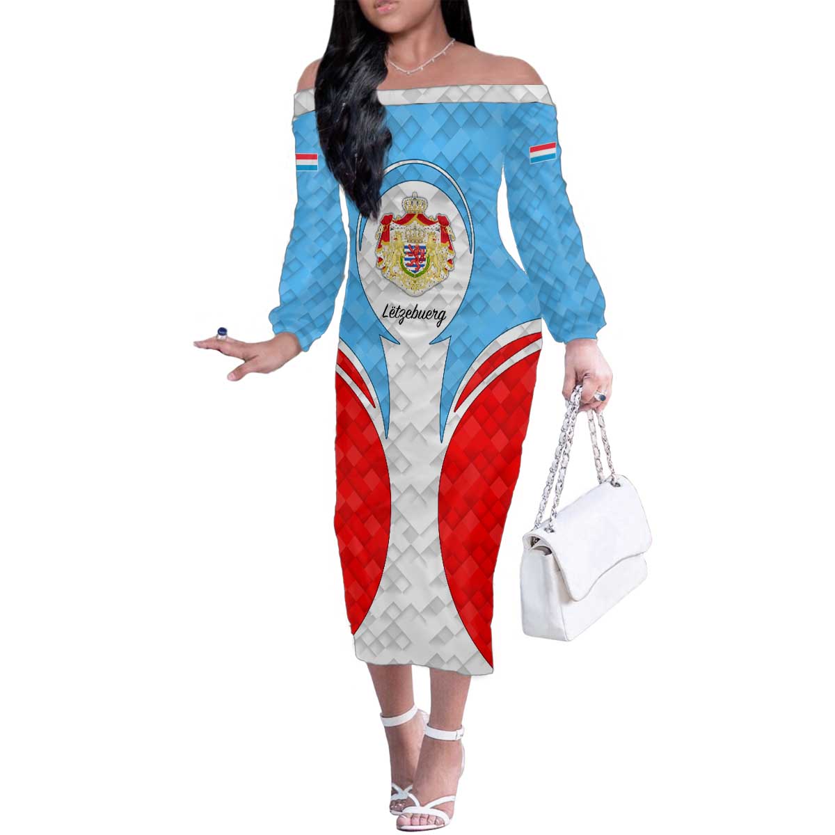 Luxembourg Family Matching Off The Shoulder Long Sleeve Dress and Hawaiian Shirt with National Coat of Arms and Letzebuerg Text Design