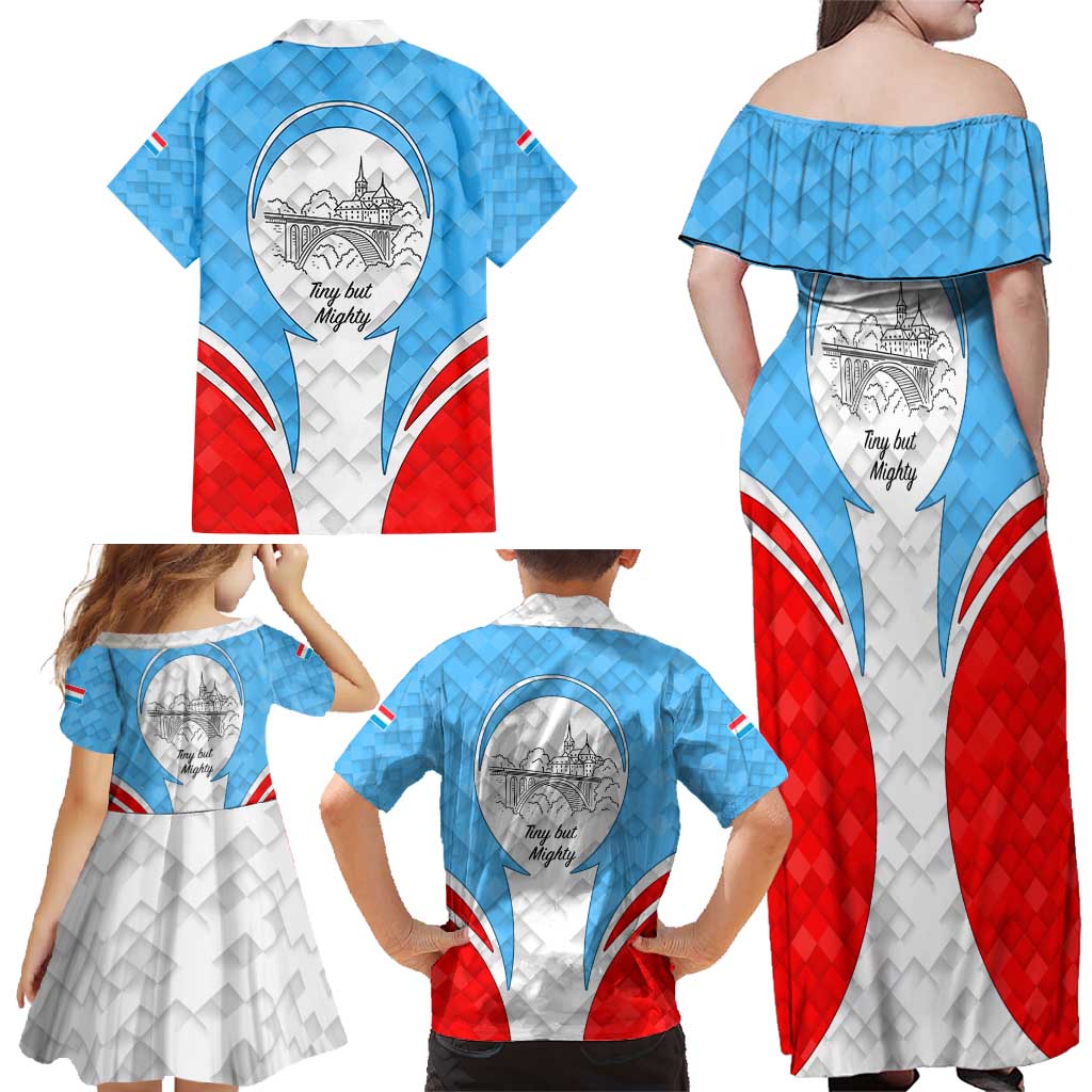 Luxembourg Family Matching Off Shoulder Maxi Dress and Hawaiian Shirt with National Coat of Arms and Letzebuerg Text Design