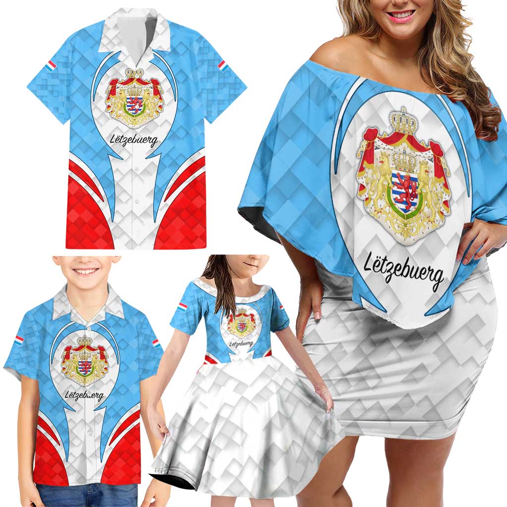 Luxembourg Family Matching Off Shoulder Short Dress and Hawaiian Shirt with National Coat of Arms and Letzebuerg Text Design