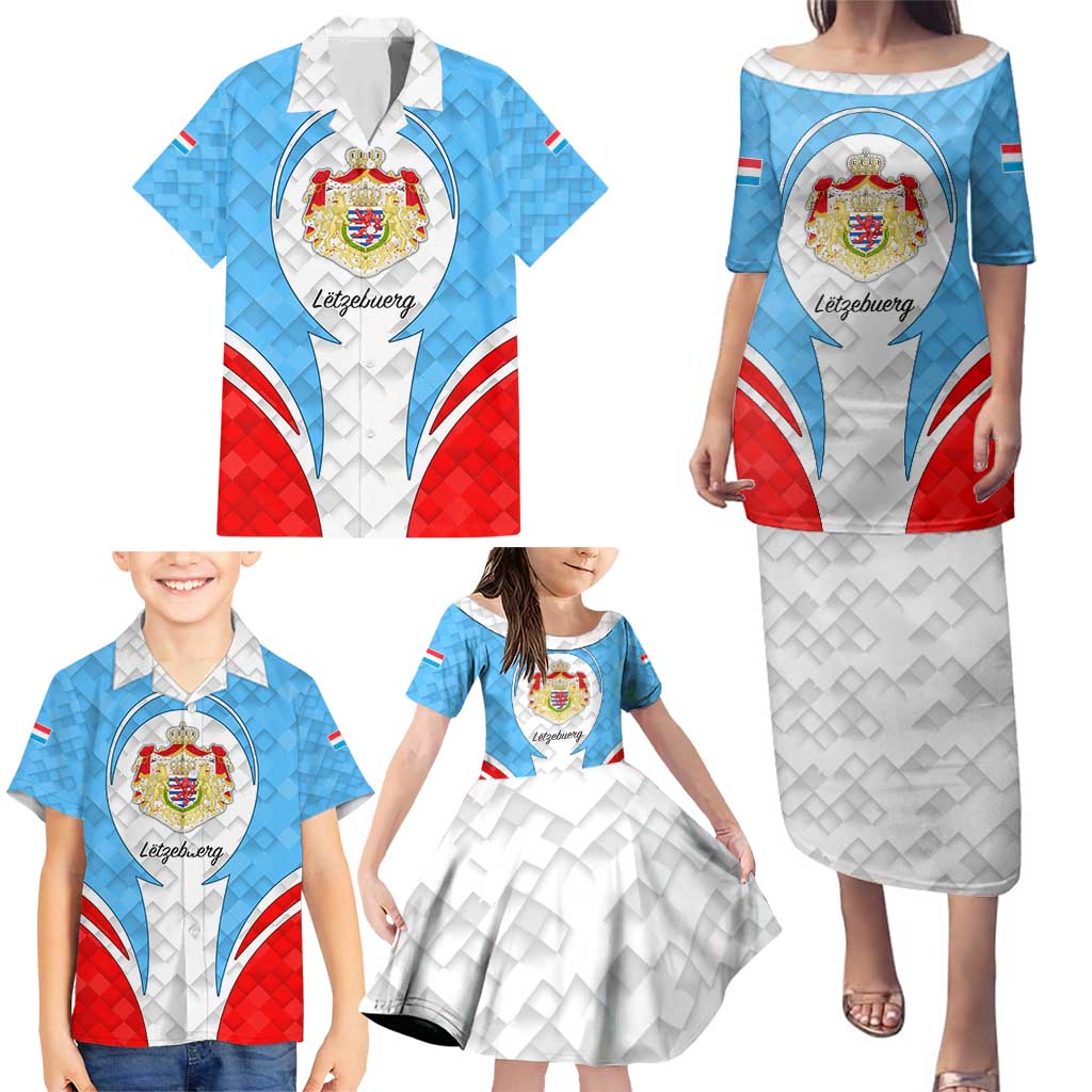 Luxembourg Family Matching Puletasi and Hawaiian Shirt with National Coat of Arms and Letzebuerg Text Design