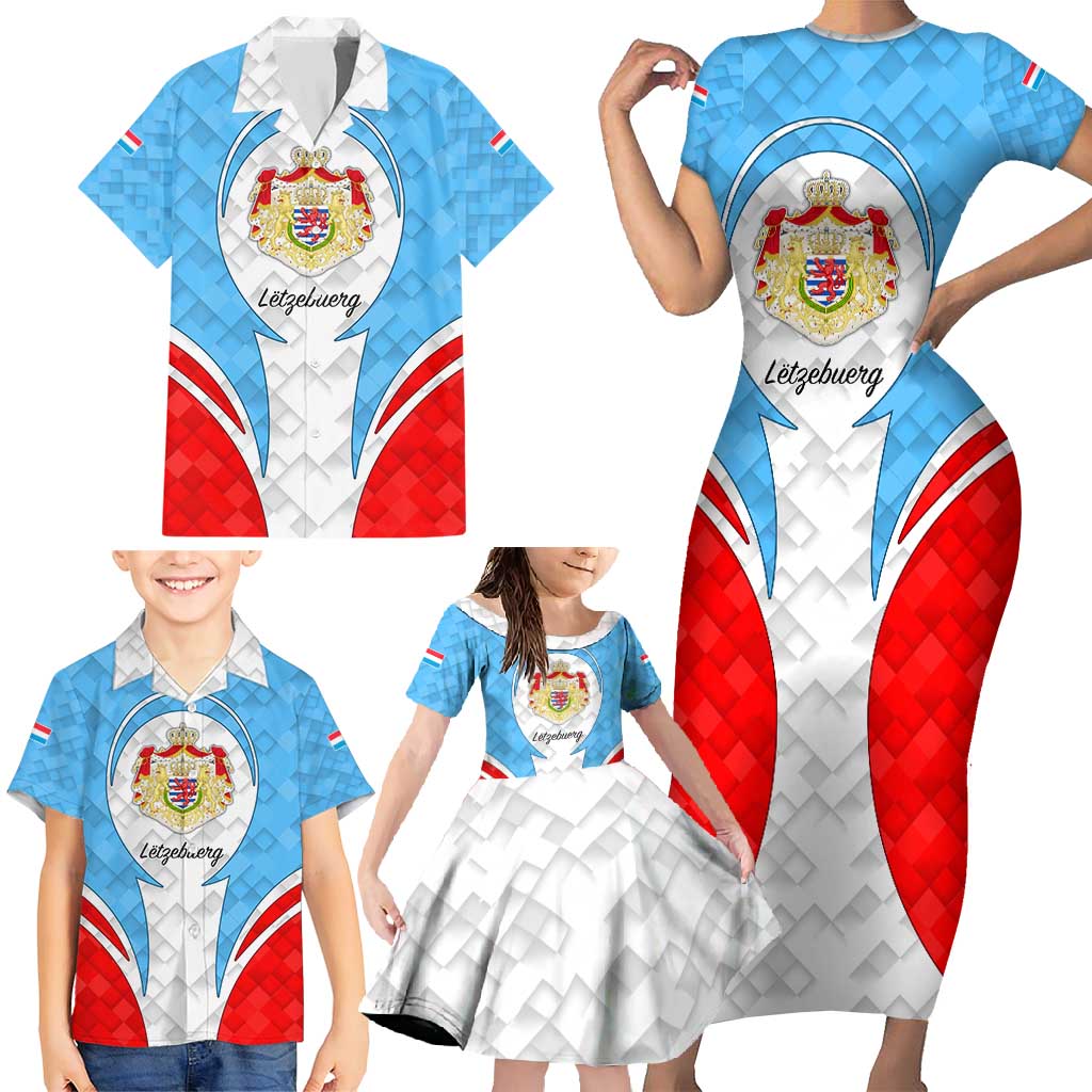 Luxembourg Family Matching Short Sleeve Bodycon Dress and Hawaiian Shirt with National Coat of Arms and Letzebuerg Text Design