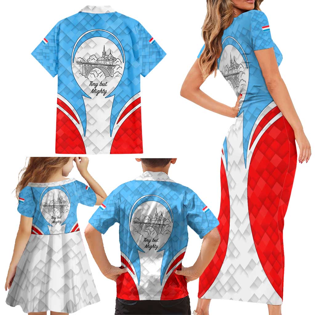Luxembourg Family Matching Short Sleeve Bodycon Dress and Hawaiian Shirt with National Coat of Arms and Letzebuerg Text Design