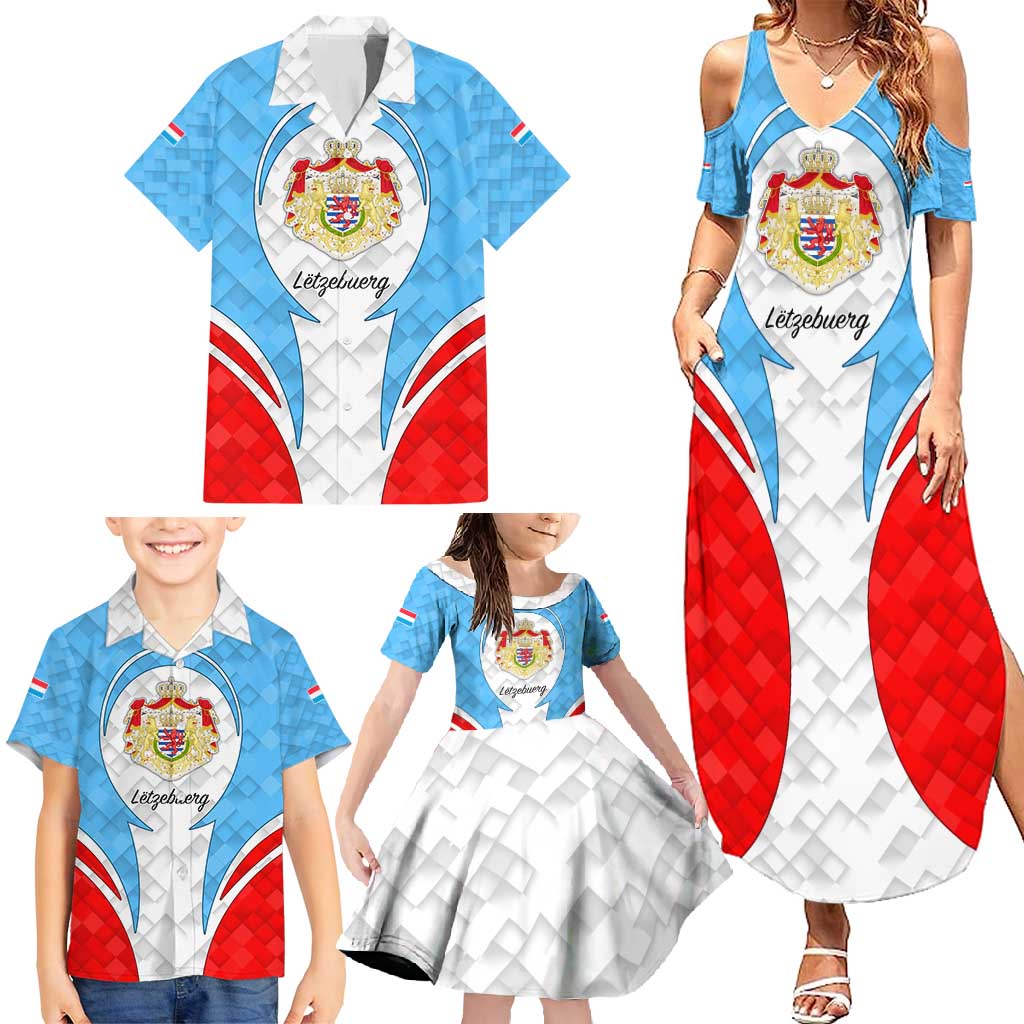 Luxembourg Family Matching Summer Maxi Dress and Hawaiian Shirt with National Coat of Arms and Letzebuerg Text Design