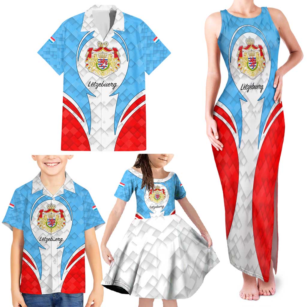 Luxembourg Family Matching Tank Maxi Dress and Hawaiian Shirt with National Coat of Arms and Letzebuerg Text Design