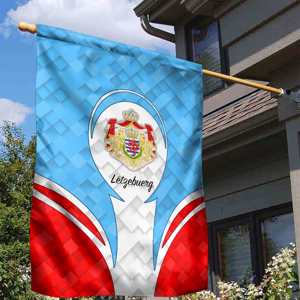 Luxembourg Garden Flag with National Coat of Arms and Letzebuerg Text Design