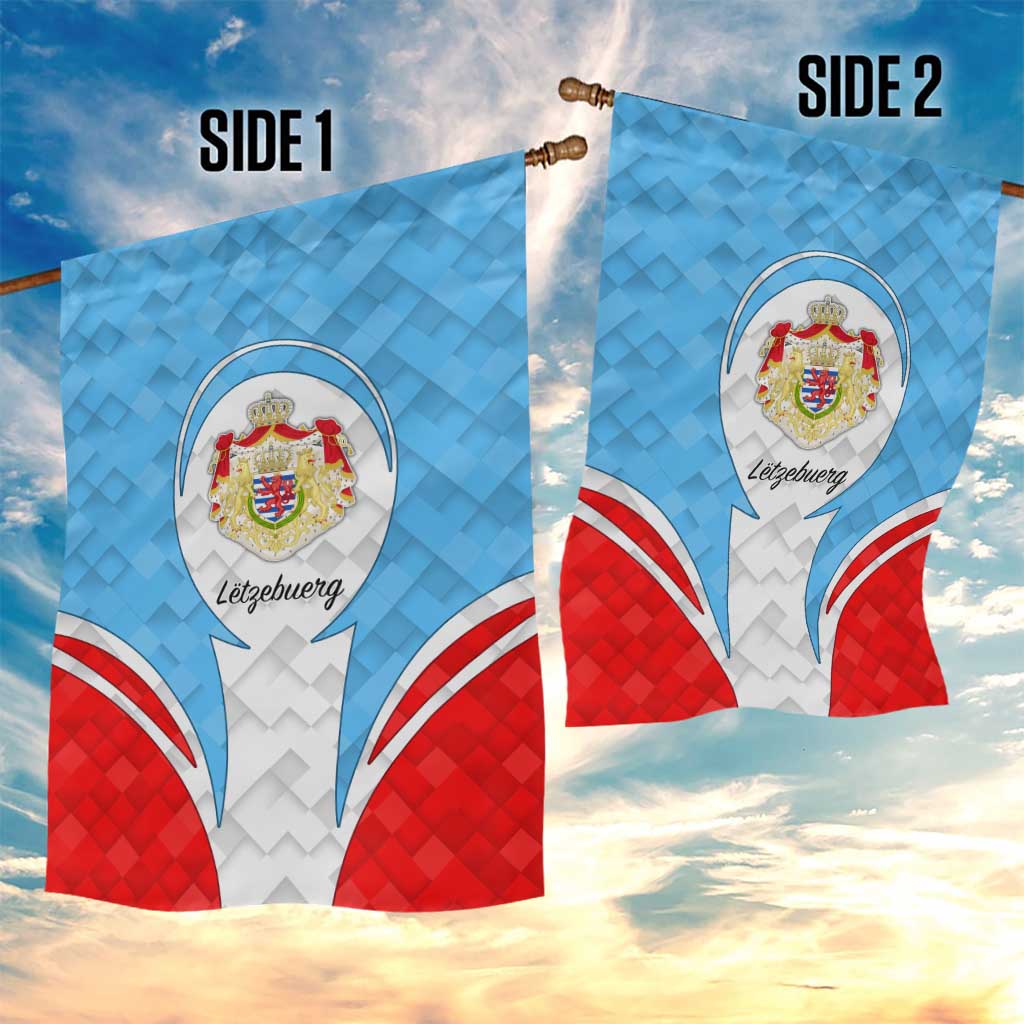 Luxembourg Garden Flag with National Coat of Arms and Letzebuerg Text Design