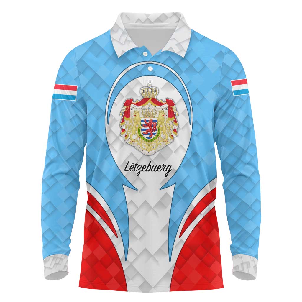 Luxembourg Long Sleeve Polo Shirt with National Coat of Arms and Letzebuerg Text Design
