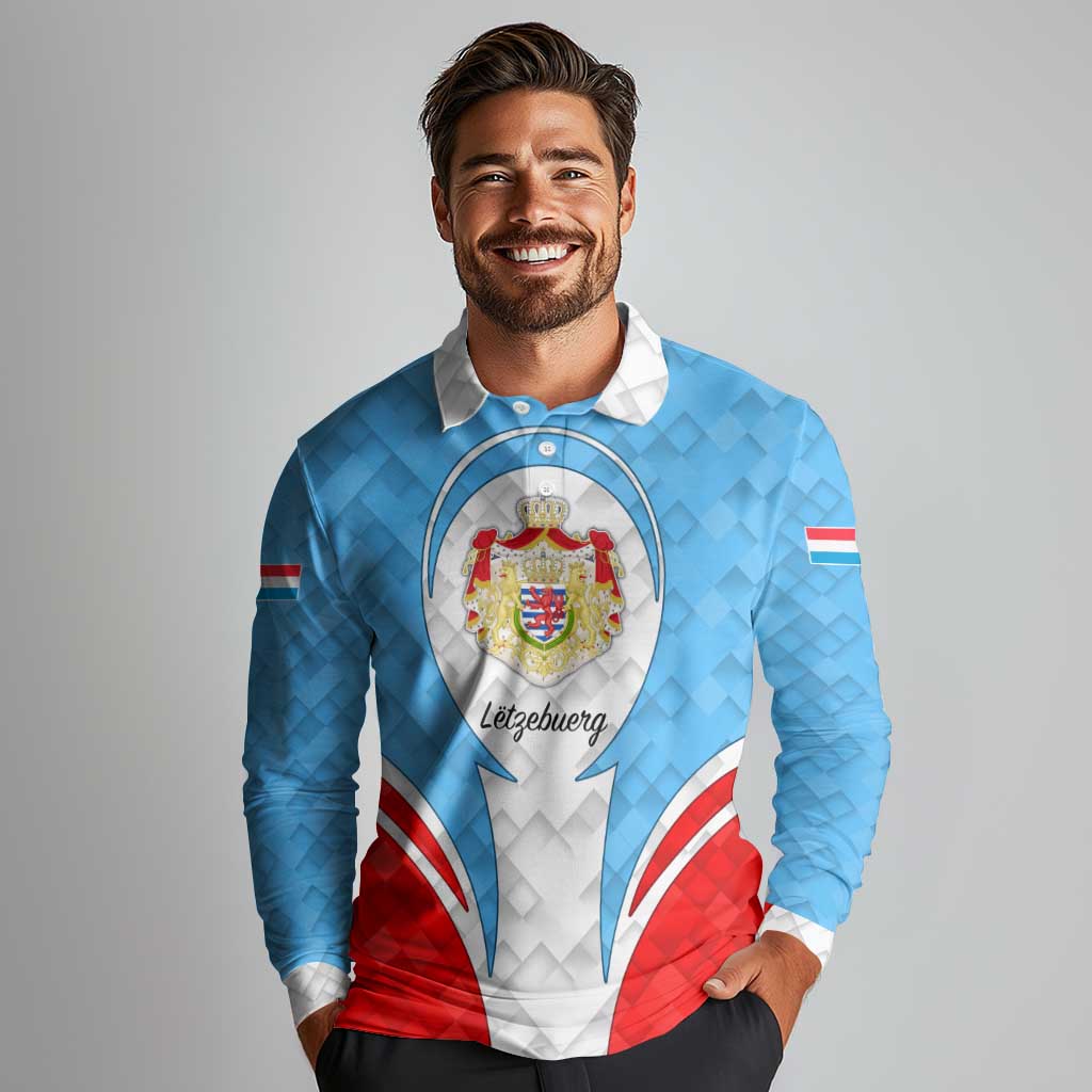 Luxembourg Long Sleeve Polo Shirt with National Coat of Arms and Letzebuerg Text Design