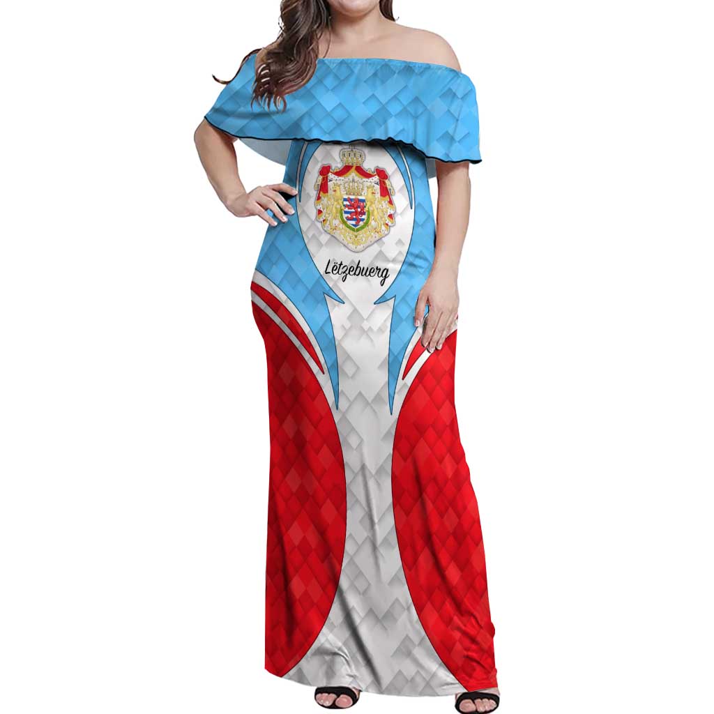 Luxembourg Off Shoulder Maxi Dress with National Coat of Arms and Letzebuerg Text Design