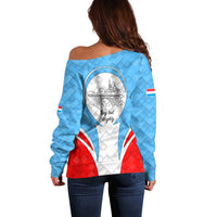 Luxembourg Off Shoulder Sweater with National Coat of Arms and Letzebuerg Text Design