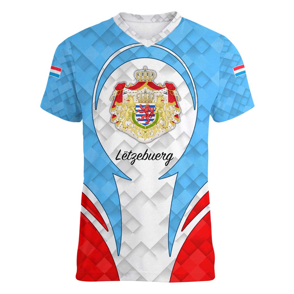 Luxembourg Women V-Neck T-Shirt with National Coat of Arms and Letzebuerg Text Design