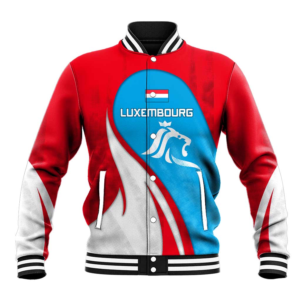 Luxembourg Baseball Jacket with National Flag Colors and White Lion Crest Design