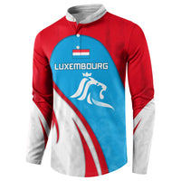 Luxembourg Button Sweatshirt with National Flag Colors and White Lion Crest Design