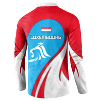 Luxembourg Button Sweatshirt with National Flag Colors and White Lion Crest Design