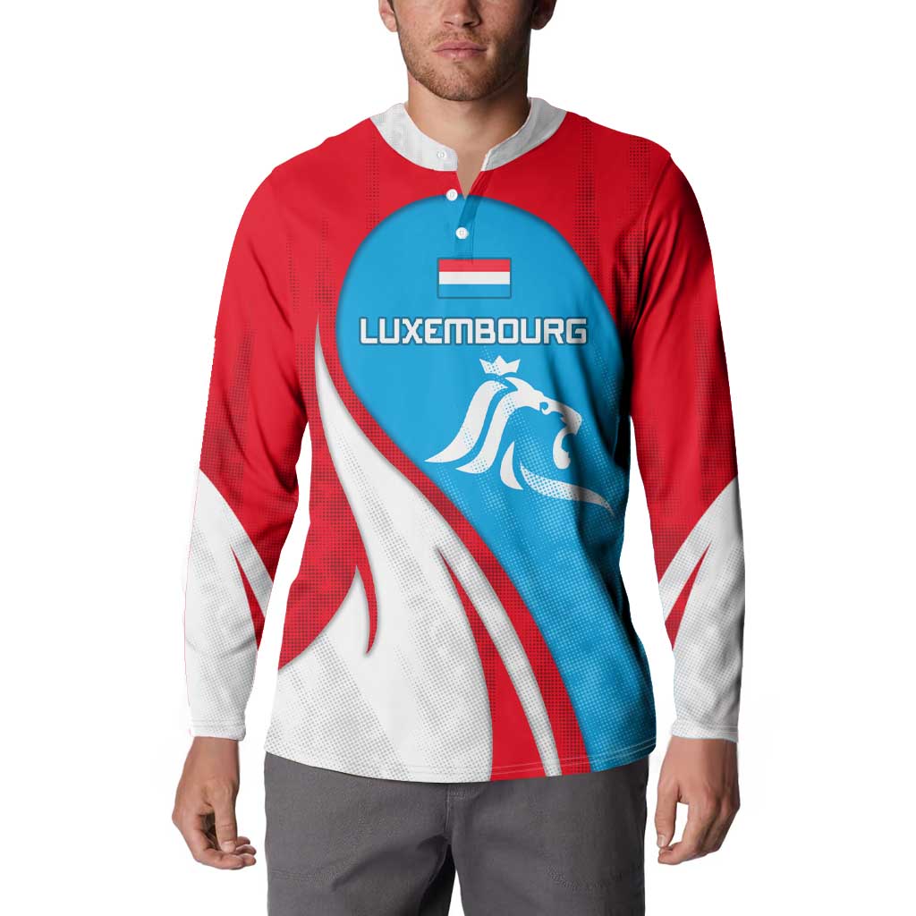 Luxembourg Button Sweatshirt with National Flag Colors and White Lion Crest Design
