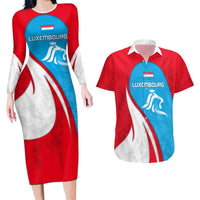 Luxembourg Couples Matching Long Sleeve Bodycon Dress and Hawaiian Shirt with National Flag Colors and White Lion Crest Design