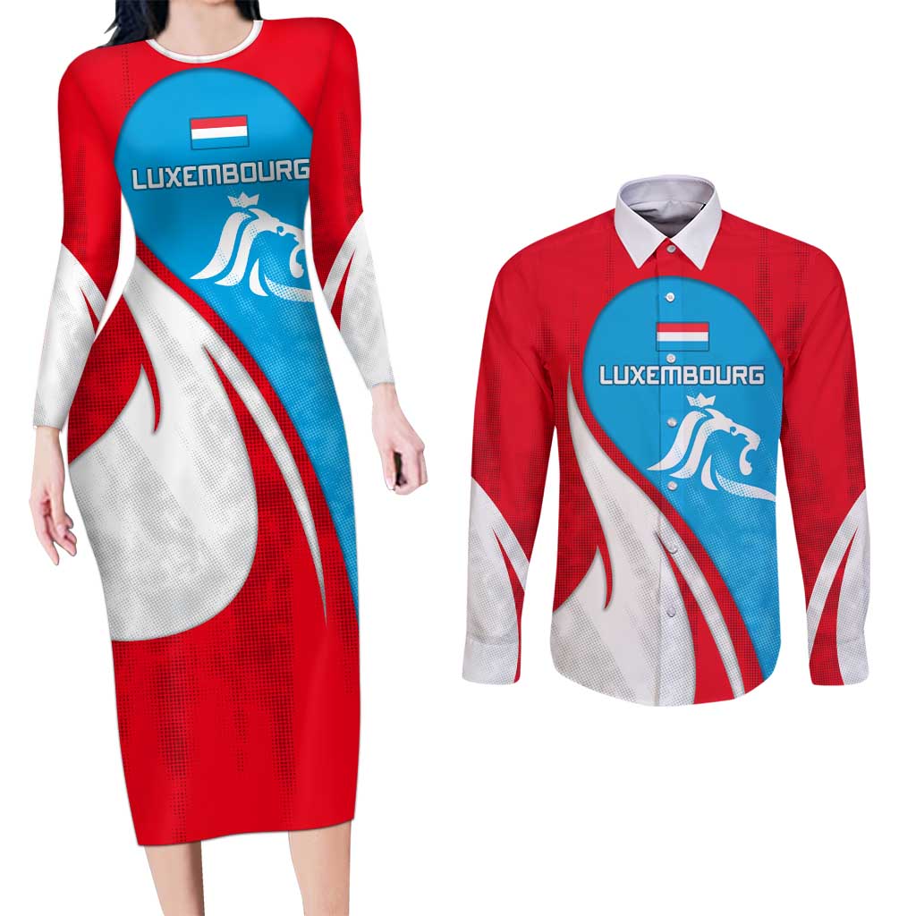 Luxembourg Couples Matching Long Sleeve Bodycon Dress and Long Sleeve Button Shirt with National Flag Colors and White Lion Crest Design