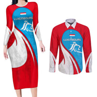 Luxembourg Couples Matching Long Sleeve Bodycon Dress and Long Sleeve Button Shirt with National Flag Colors and White Lion Crest Design