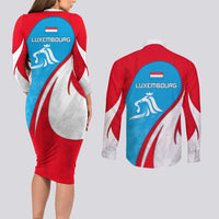 Luxembourg Couples Matching Long Sleeve Bodycon Dress and Long Sleeve Button Shirt with National Flag Colors and White Lion Crest Design
