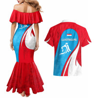 Luxembourg Couples Matching Mermaid Dress and Hawaiian Shirt with National Flag Colors and White Lion Crest Design
