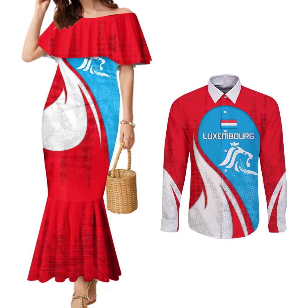 Luxembourg Couples Matching Mermaid Dress and Long Sleeve Button Shirt with National Flag Colors and White Lion Crest Design