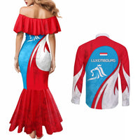 Luxembourg Couples Matching Mermaid Dress and Long Sleeve Button Shirt with National Flag Colors and White Lion Crest Design