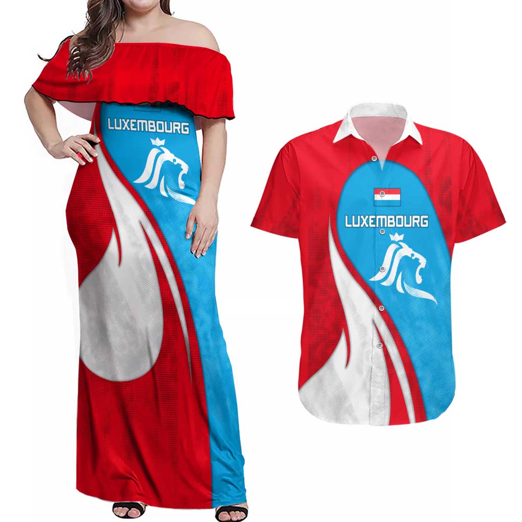 Luxembourg Couples Matching Off Shoulder Maxi Dress and Hawaiian Shirt with National Flag Colors and White Lion Crest Design