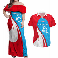 Luxembourg Couples Matching Off Shoulder Maxi Dress and Hawaiian Shirt with National Flag Colors and White Lion Crest Design