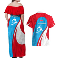 Luxembourg Couples Matching Off Shoulder Maxi Dress and Hawaiian Shirt with National Flag Colors and White Lion Crest Design