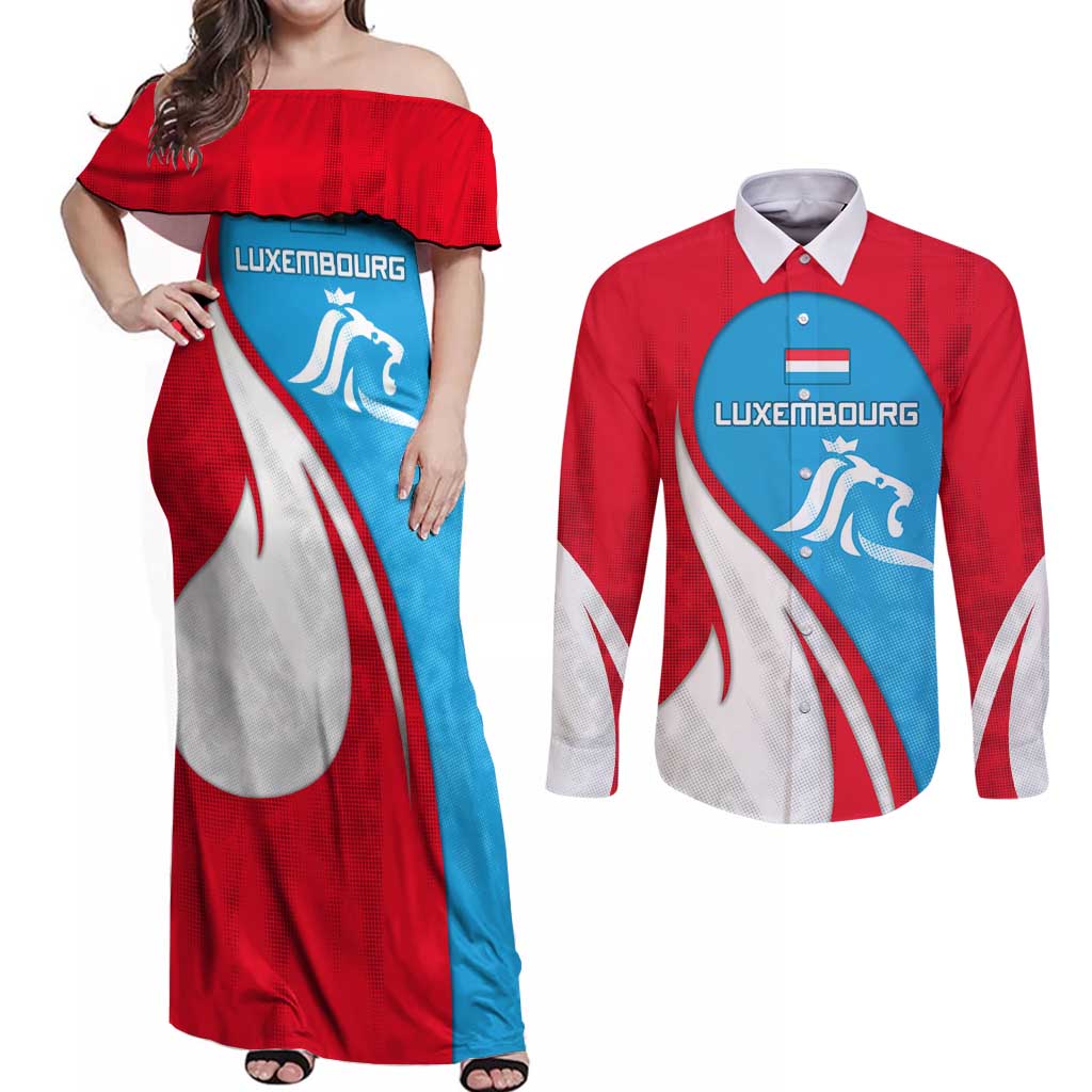 Luxembourg Couples Matching Off Shoulder Maxi Dress and Long Sleeve Button Shirt with National Flag Colors and White Lion Crest Design