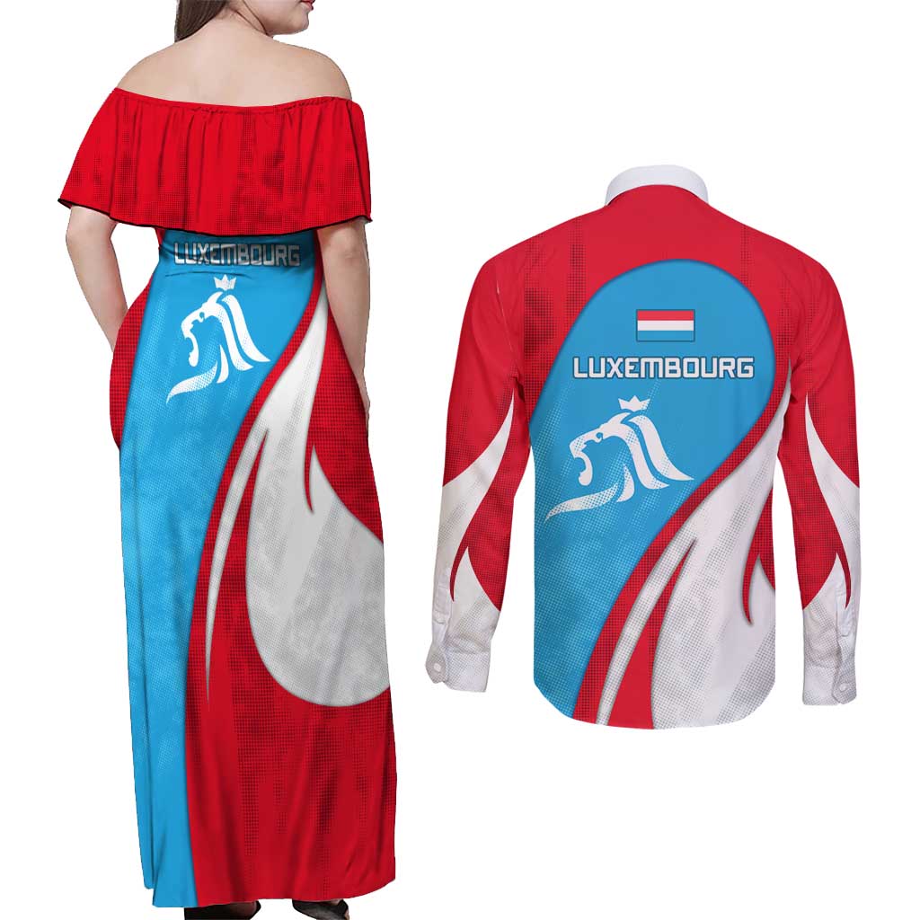 Luxembourg Couples Matching Off Shoulder Maxi Dress and Long Sleeve Button Shirt with National Flag Colors and White Lion Crest Design