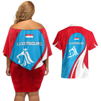 Luxembourg Couples Matching Off Shoulder Short Dress and Hawaiian Shirt with National Flag Colors and White Lion Crest Design
