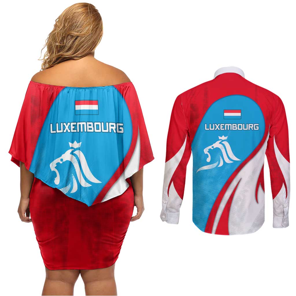 Luxembourg Couples Matching Off Shoulder Short Dress and Long Sleeve Button Shirt with National Flag Colors and White Lion Crest Design