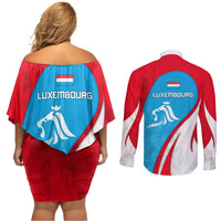 Luxembourg Couples Matching Off Shoulder Short Dress and Long Sleeve Button Shirt with National Flag Colors and White Lion Crest Design
