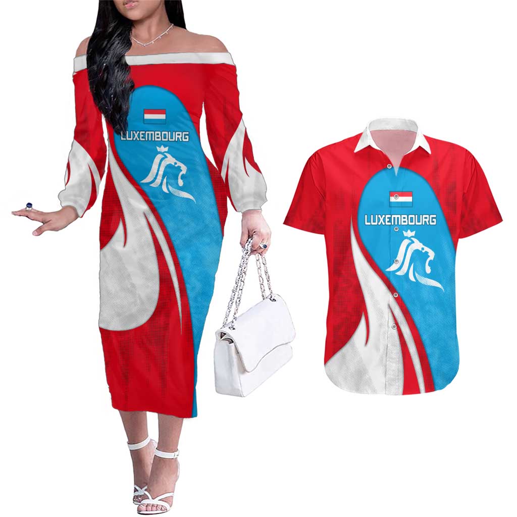 Luxembourg Couples Matching Off The Shoulder Long Sleeve Dress and Hawaiian Shirt with National Flag Colors and White Lion Crest Design