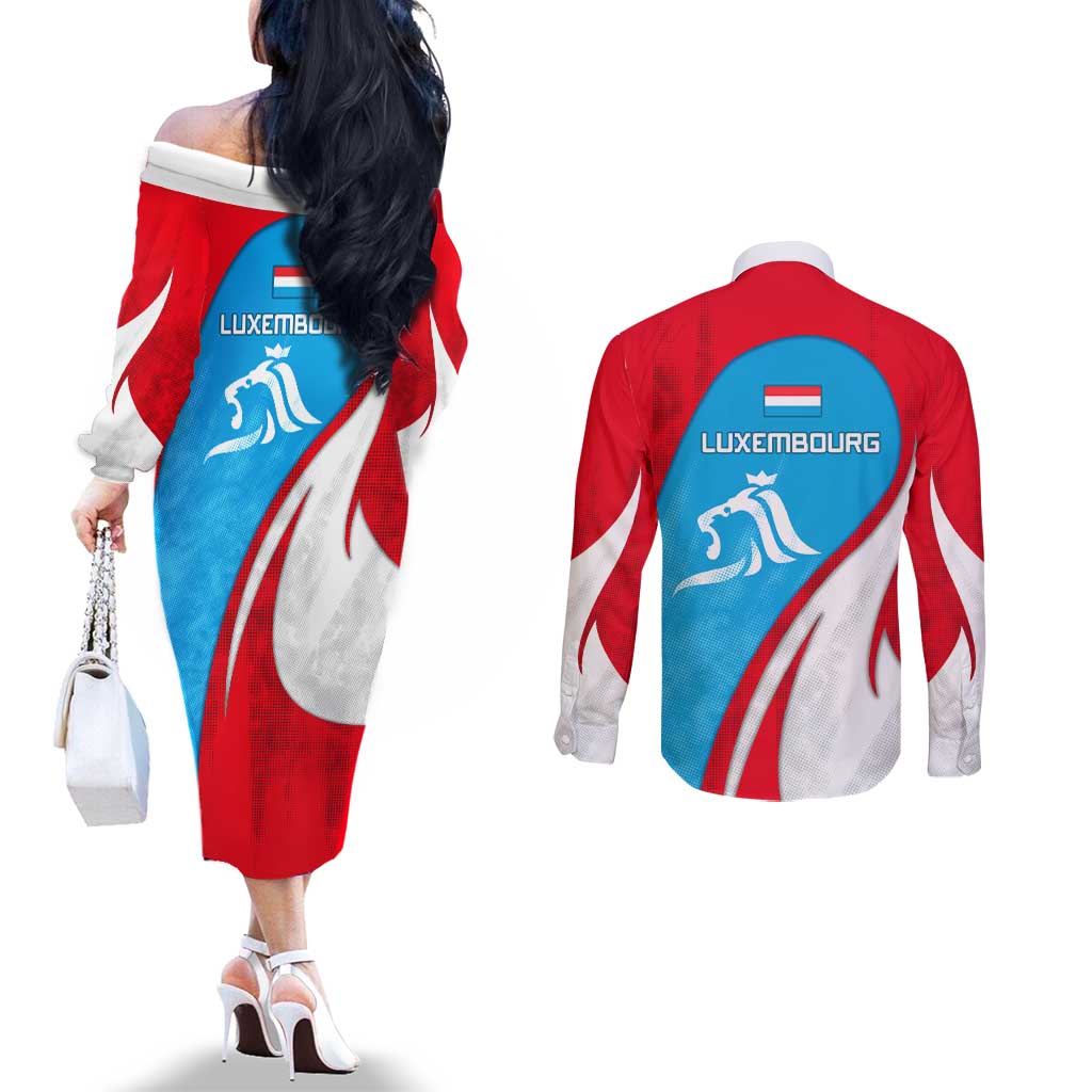 Luxembourg Couples Matching Off The Shoulder Long Sleeve Dress and Long Sleeve Button Shirt with National Flag Colors and White Lion Crest Design