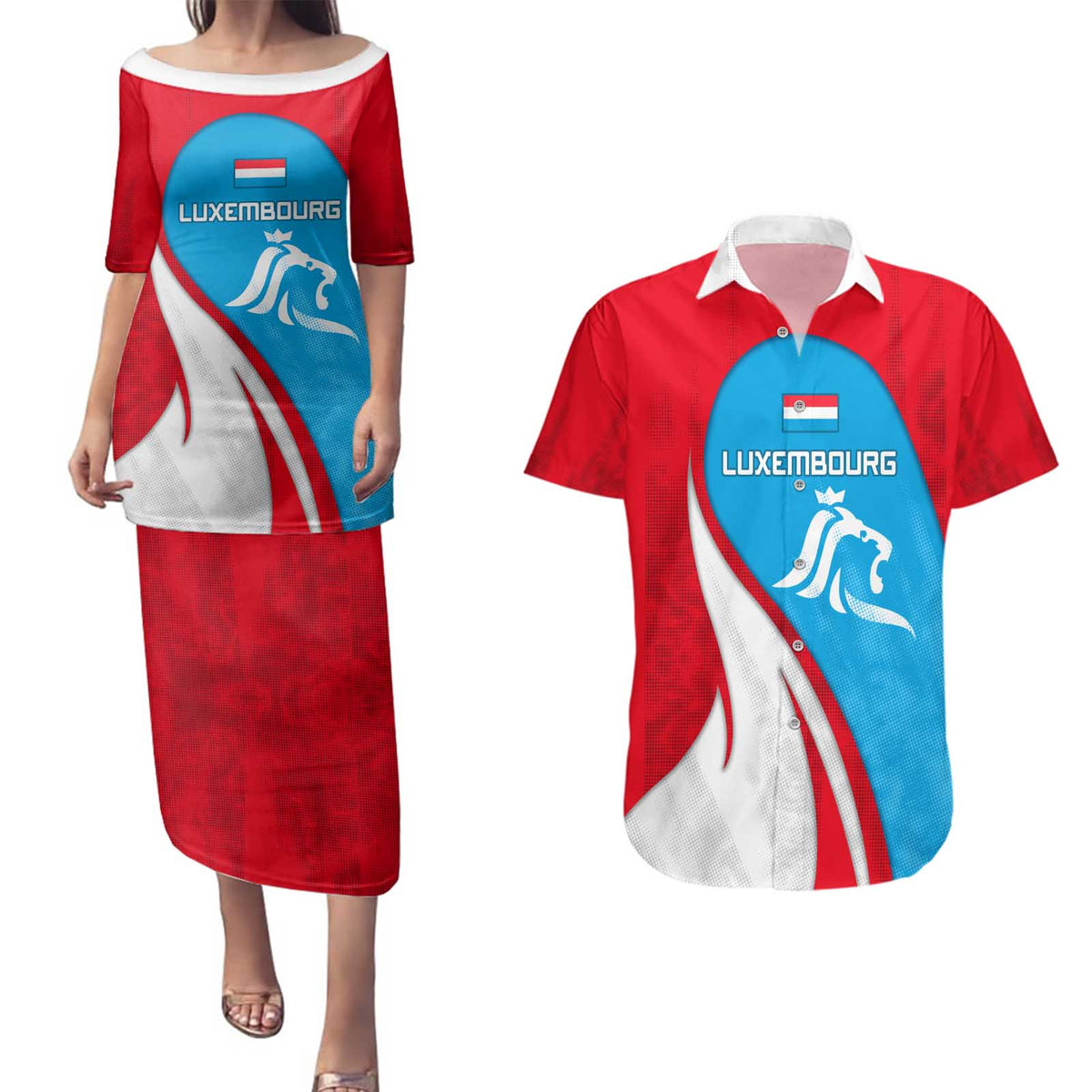 Luxembourg Couples Matching Puletasi and Hawaiian Shirt with National Flag Colors and White Lion Crest Design